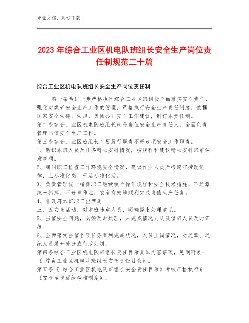 2023年综合工业区机电队班组长安全生产岗位责任制规范二十篇