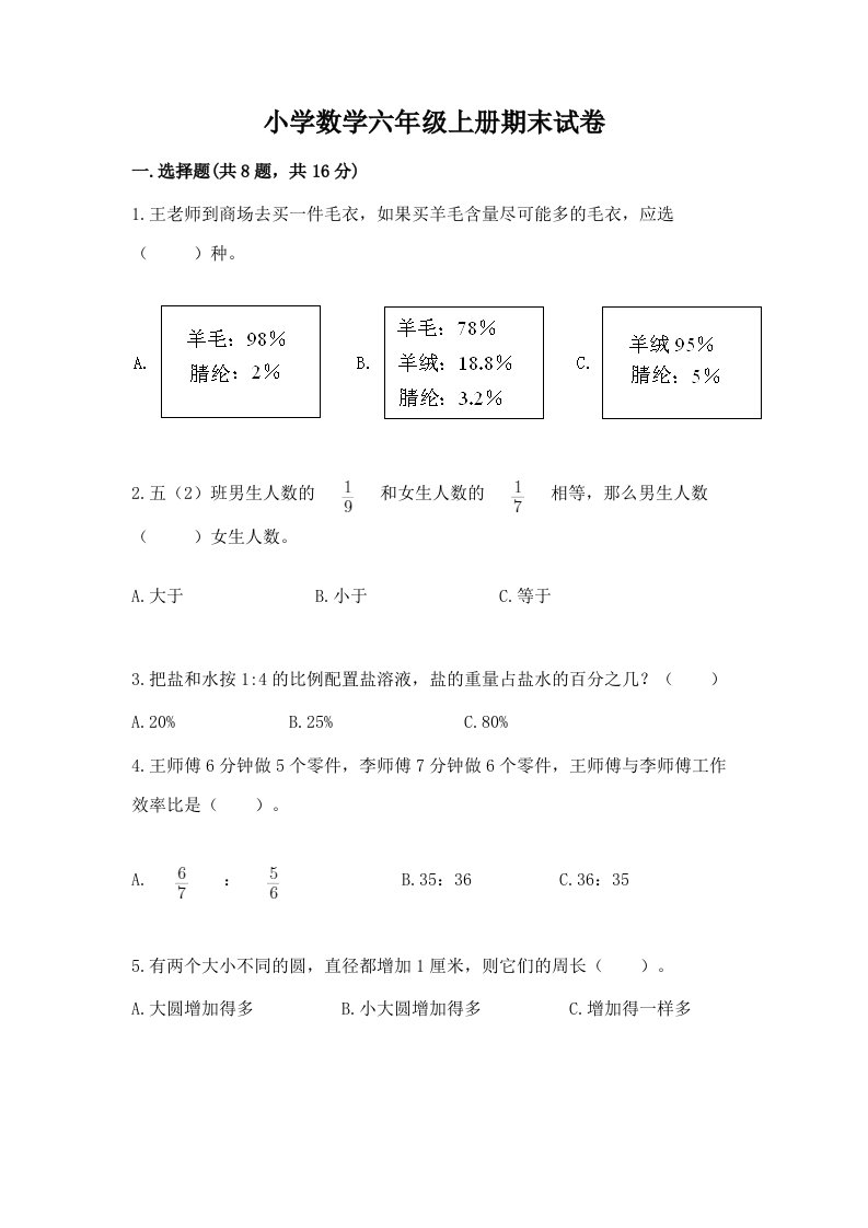 小学数学六年级上册期末试卷附完整答案【夺冠系列】