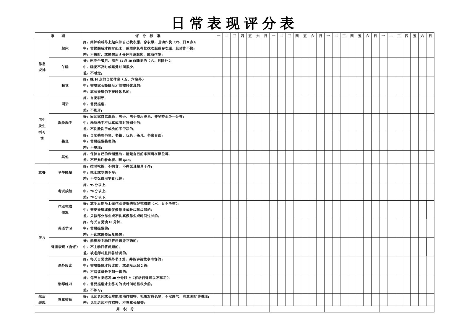 小学生日常表现评分表