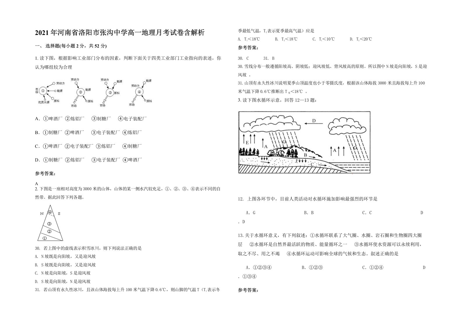 2021年河南省洛阳市张沟中学高一地理月考试卷含解析