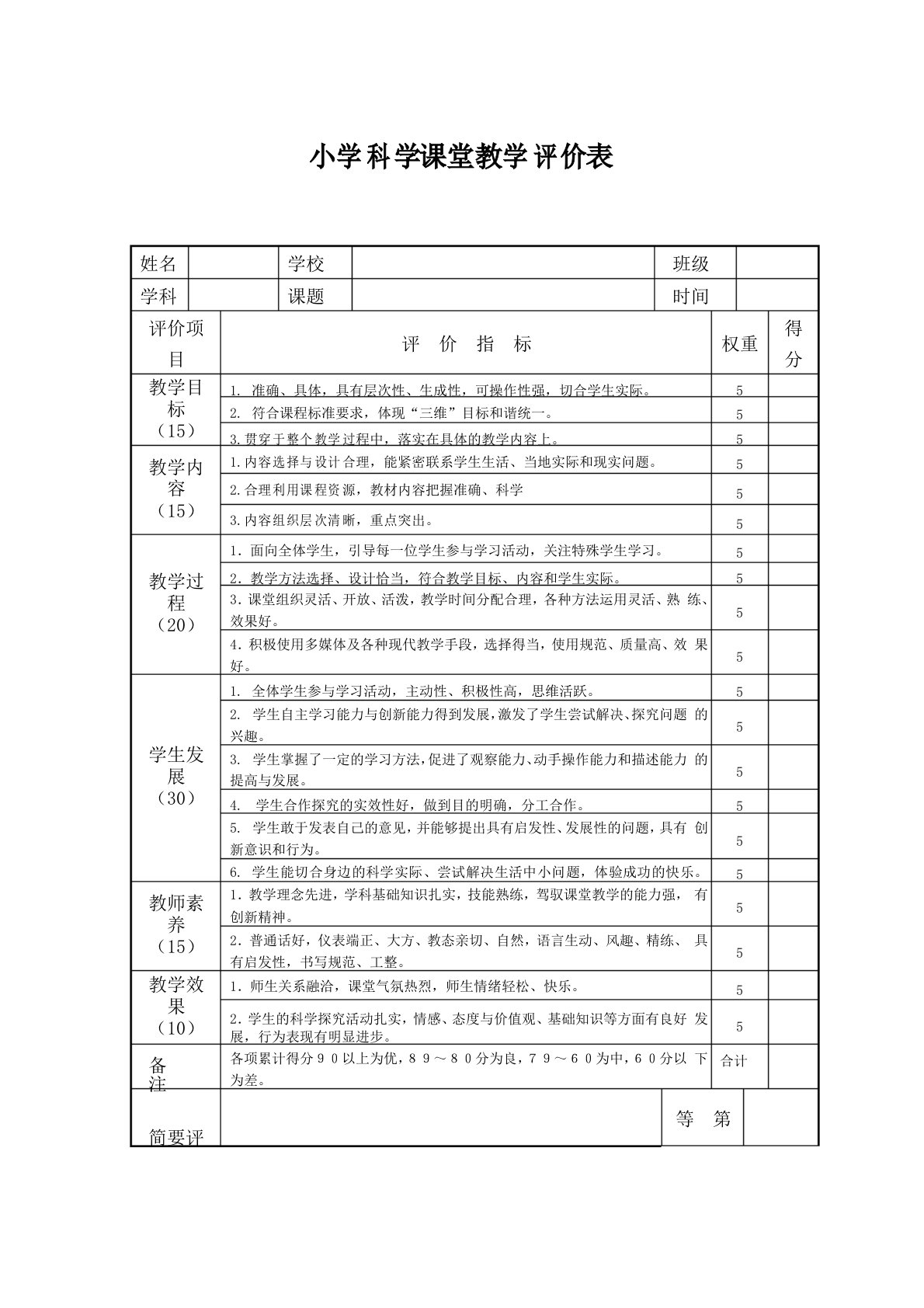 小学科学课堂教学评价表