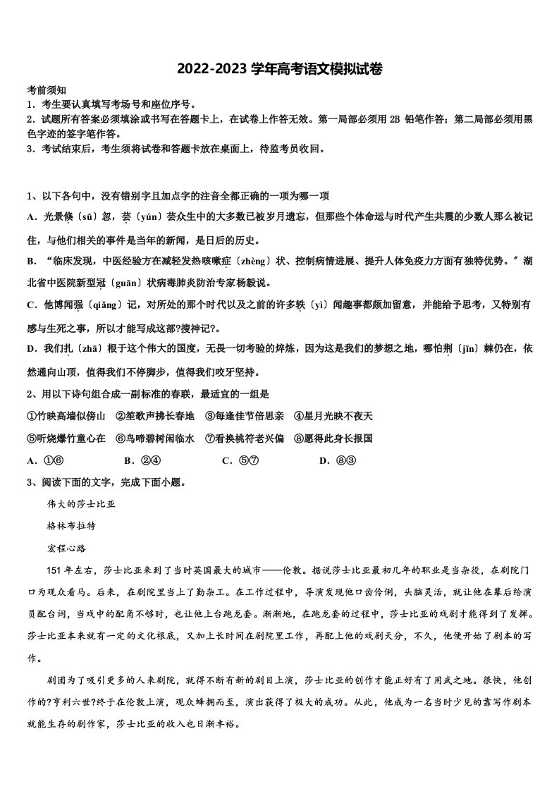 浙江省桐庐中学2022-2023学年高三适应性调研考试语文试题含解析