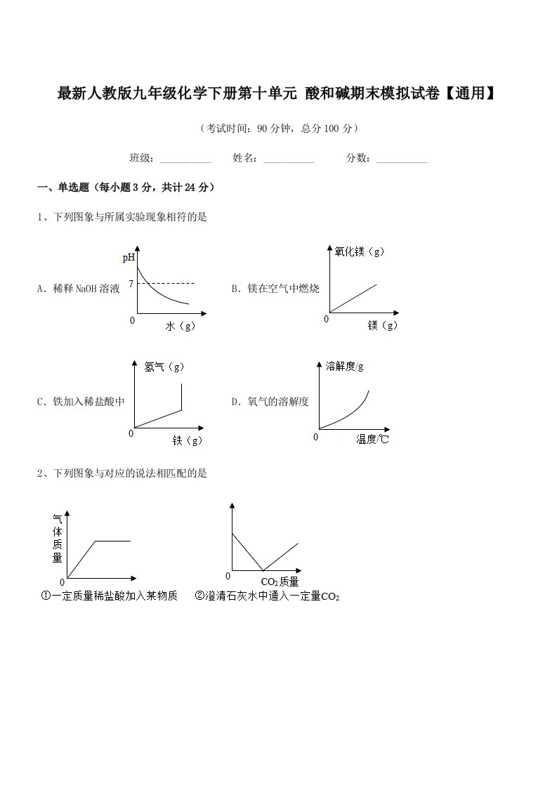 2019学年最新人教版九年级化学下册第十单元-酸和碱期末模拟试卷【通用】