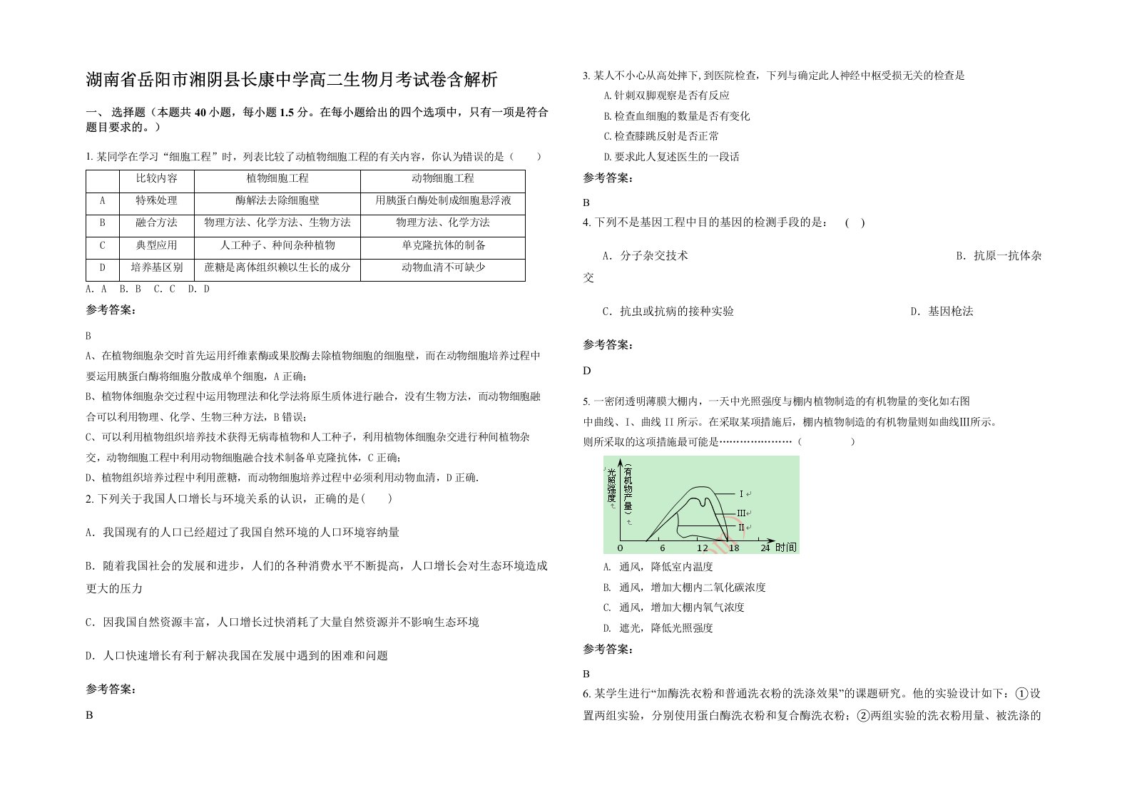 湖南省岳阳市湘阴县长康中学高二生物月考试卷含解析