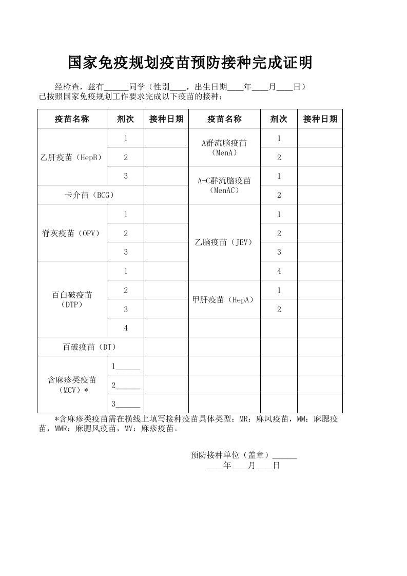 国家免疫规划疫苗预防接种完成证明