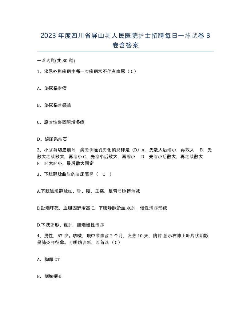 2023年度四川省屏山县人民医院护士招聘每日一练试卷B卷含答案