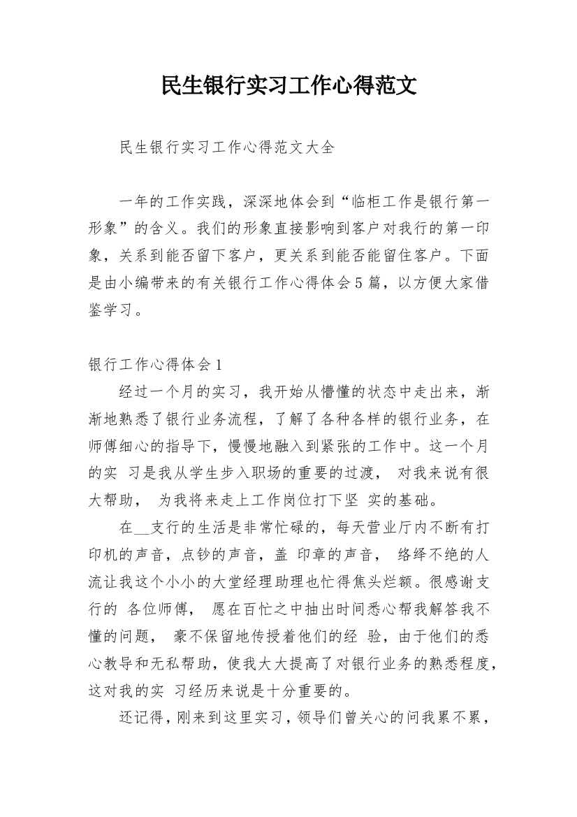 民生银行实习工作心得范文