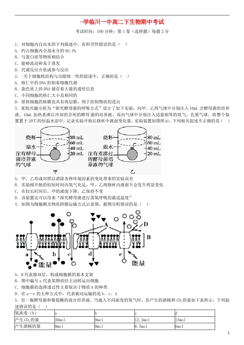 江西省临川区第一中学高二生物下学期期中试题