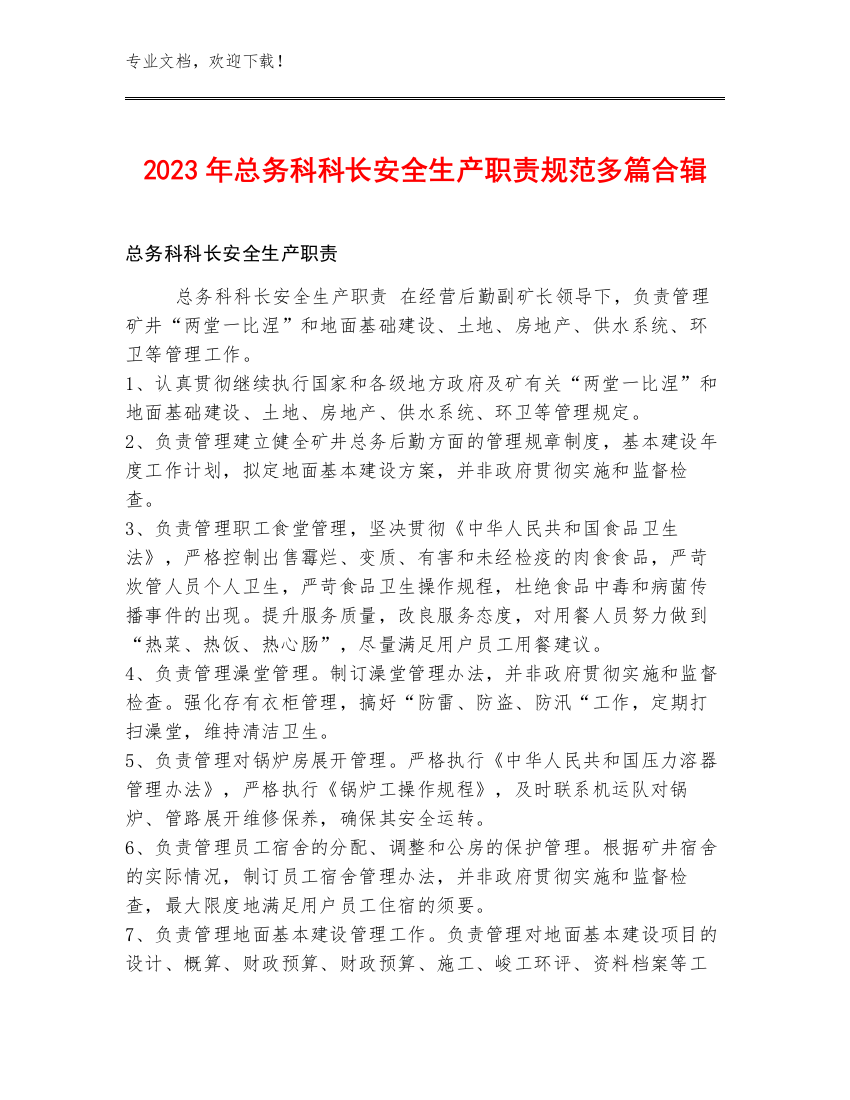 2023年总务科科长安全生产职责规范多篇合辑