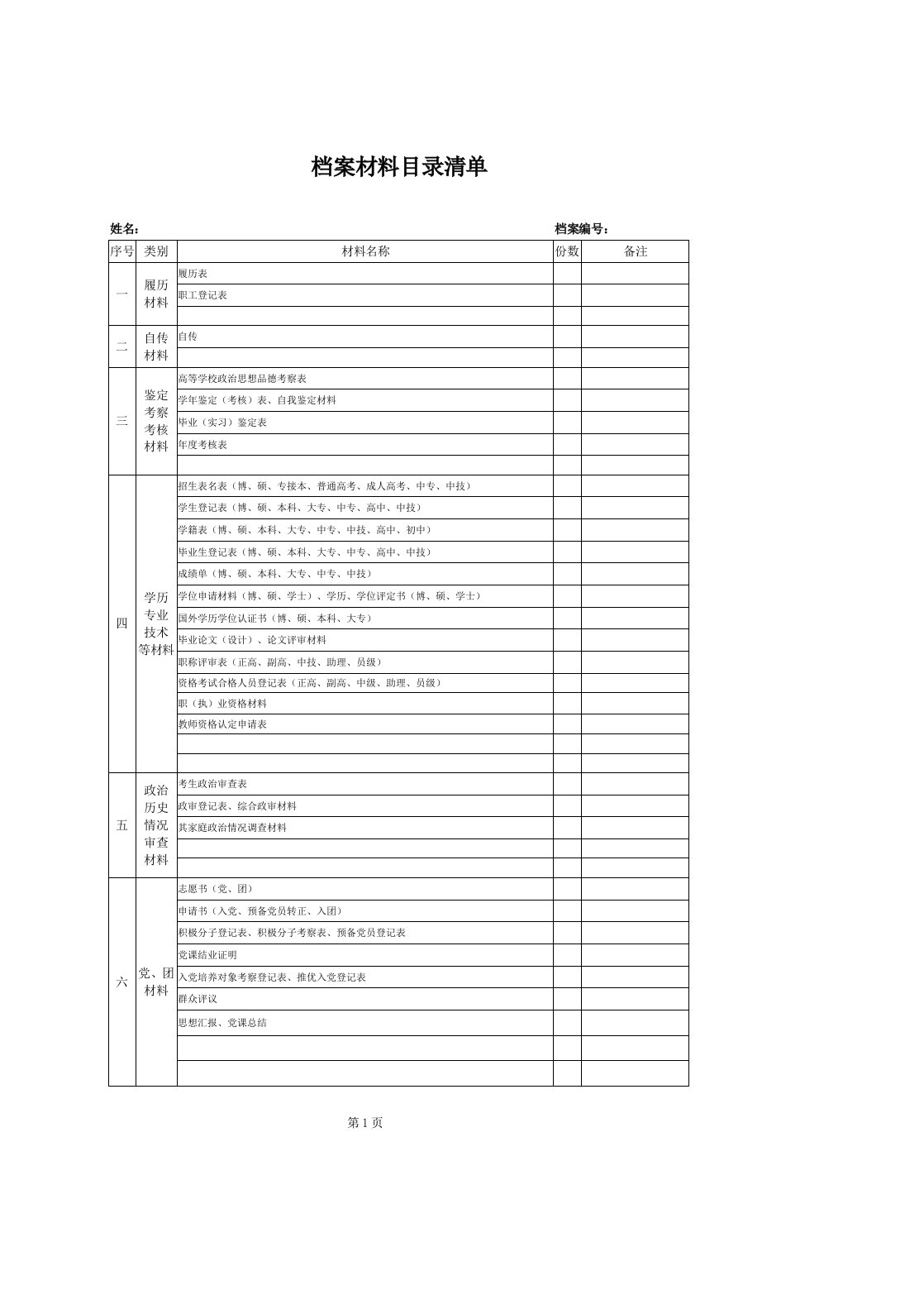 人才中心通用档案材料目录清单