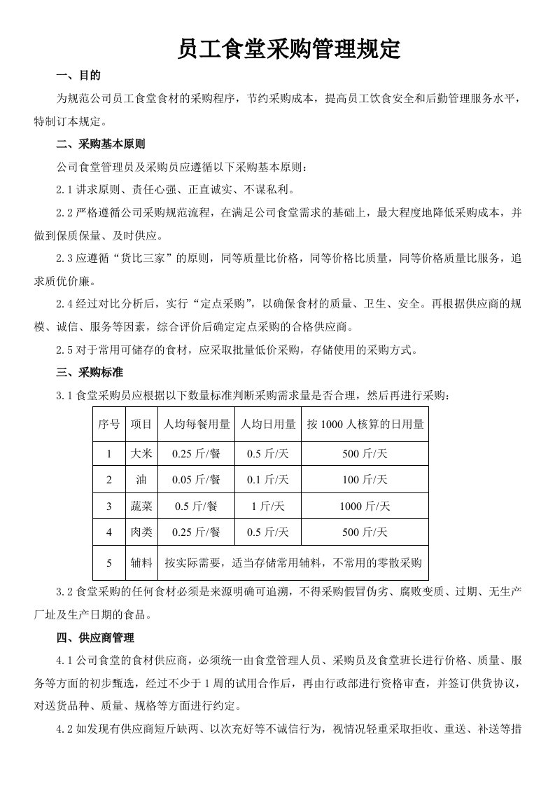 员工食堂采购管理规定