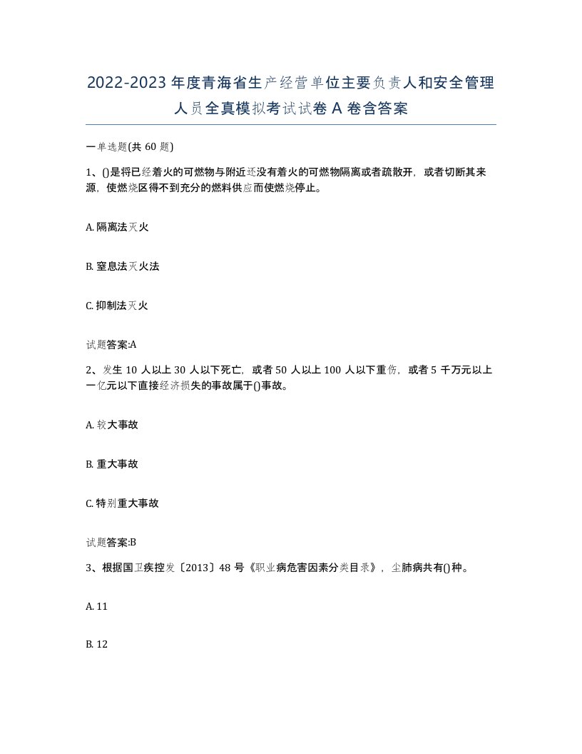 20222023年度青海省生产经营单位主要负责人和安全管理人员全真模拟考试试卷A卷含答案