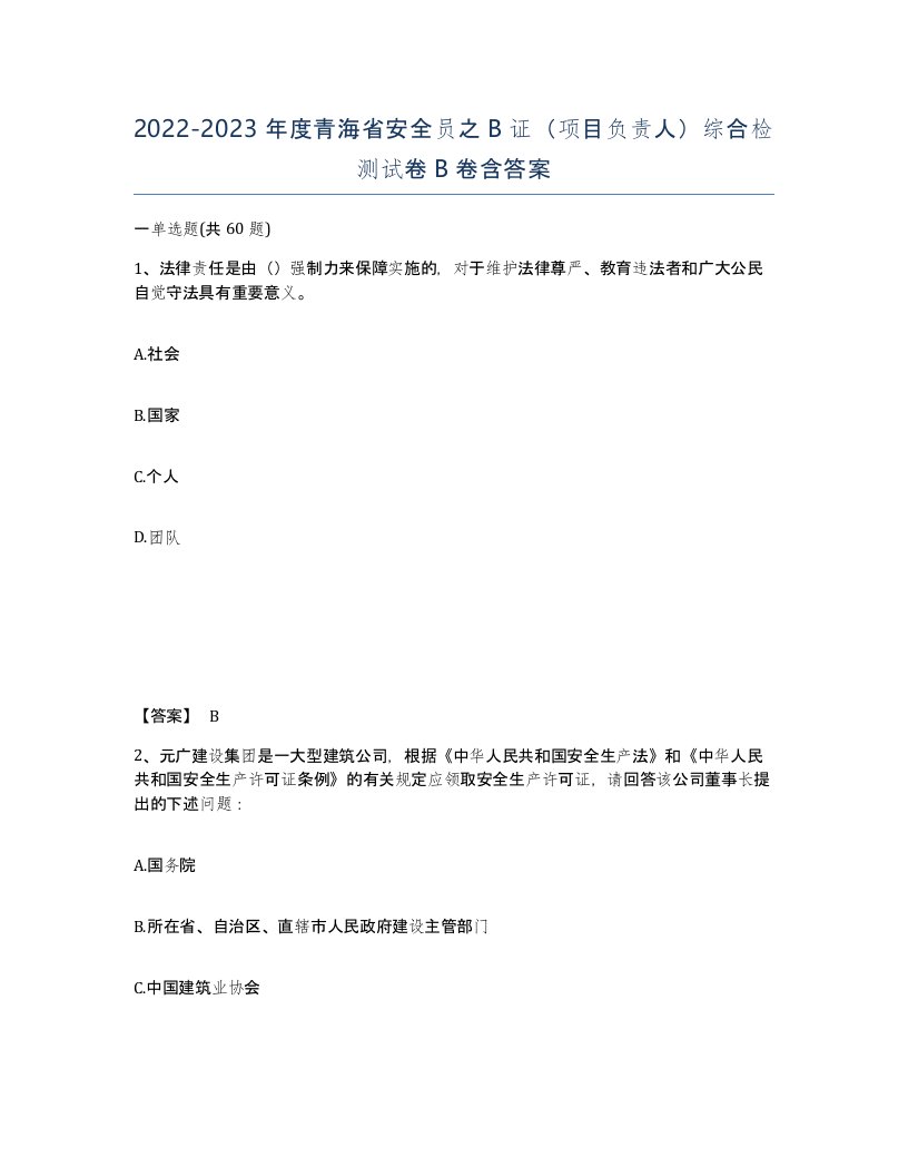 2022-2023年度青海省安全员之B证项目负责人综合检测试卷B卷含答案