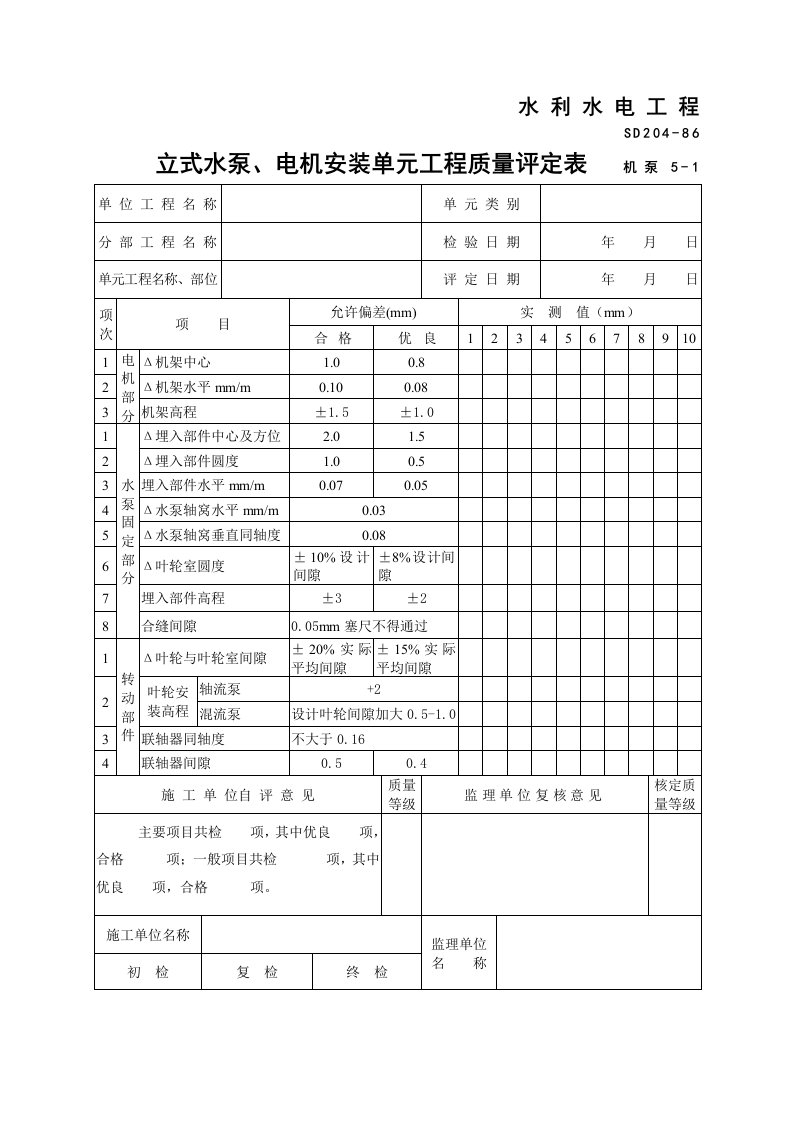 立式水泵、电机安装单元工程