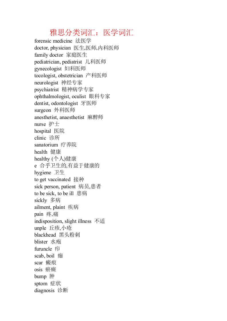 雅思分类词汇：医学词汇