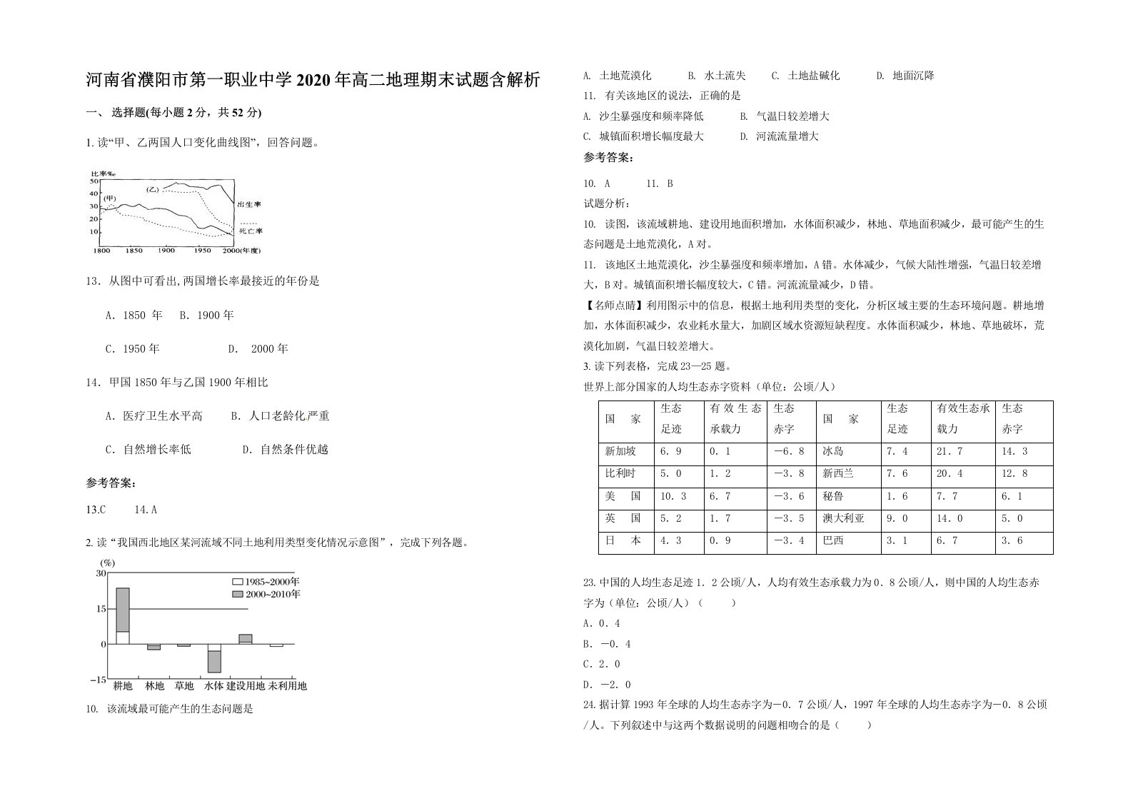 河南省濮阳市第一职业中学2020年高二地理期末试题含解析