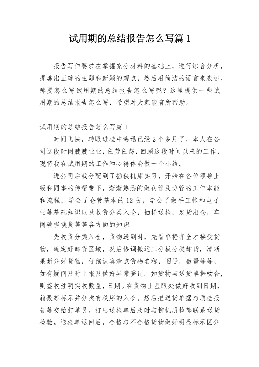 试用期的总结报告怎么写篇1