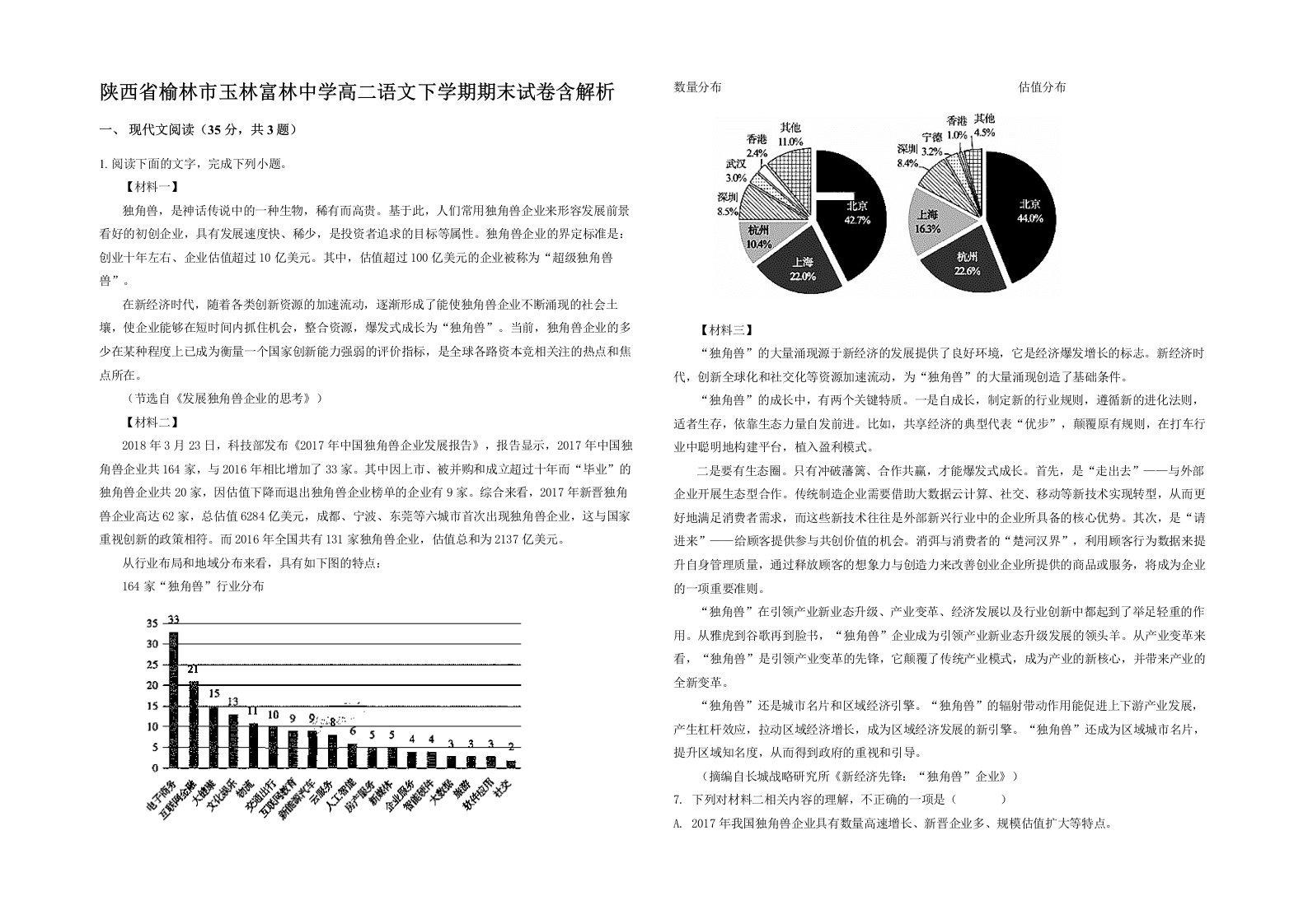 陕西省榆林市玉林富林中学高二语文下学期期末试卷含解析