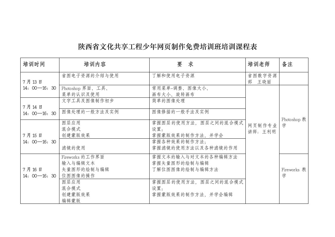 陕西省文化共享工程少年网页制作免费培训班培训课程表