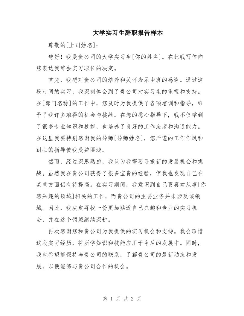 大学实习生辞职报告样本