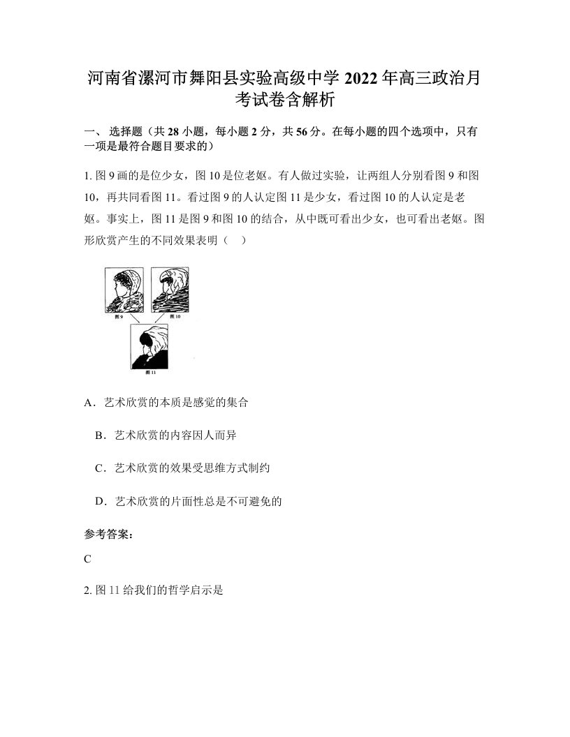 河南省漯河市舞阳县实验高级中学2022年高三政治月考试卷含解析