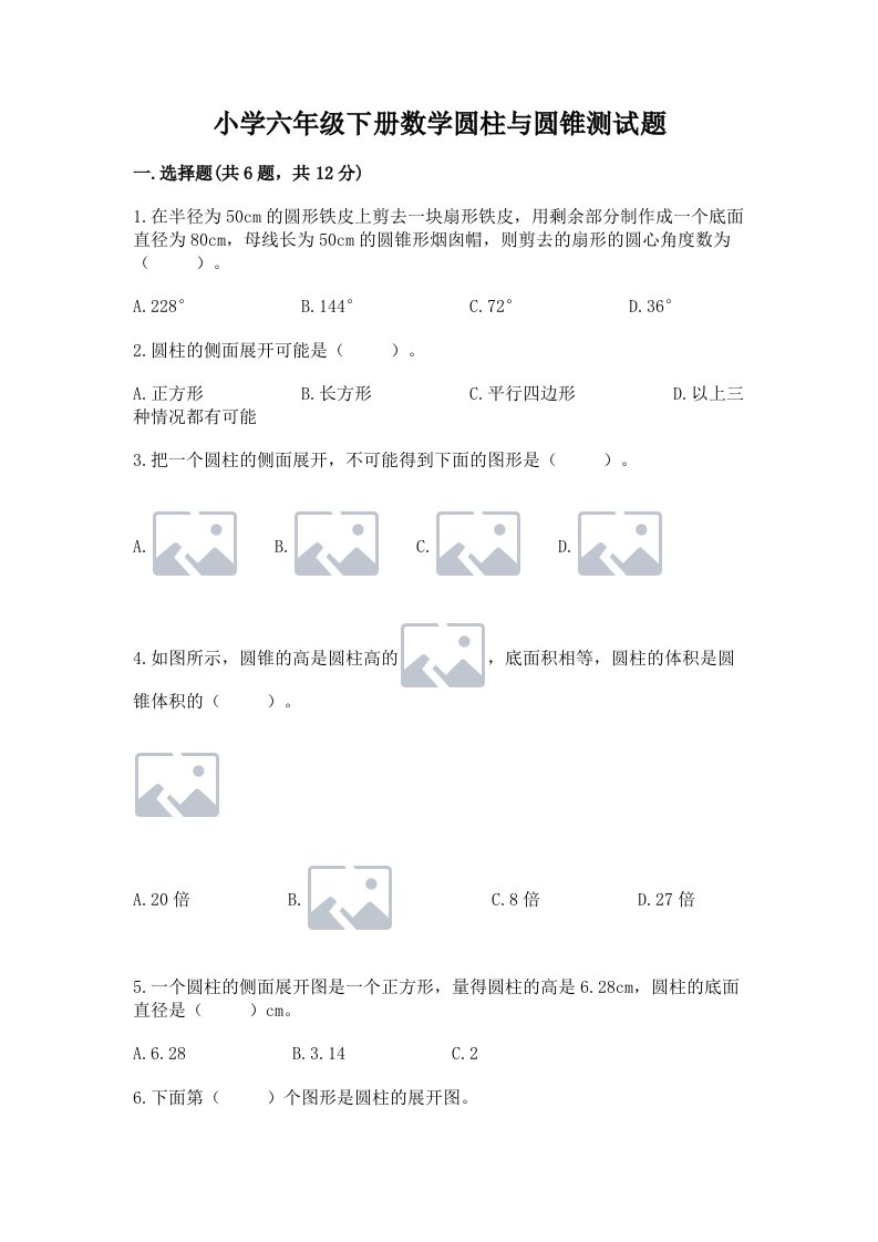 小学六年级下册数学圆柱与圆锥测试题附答案【综合卷】