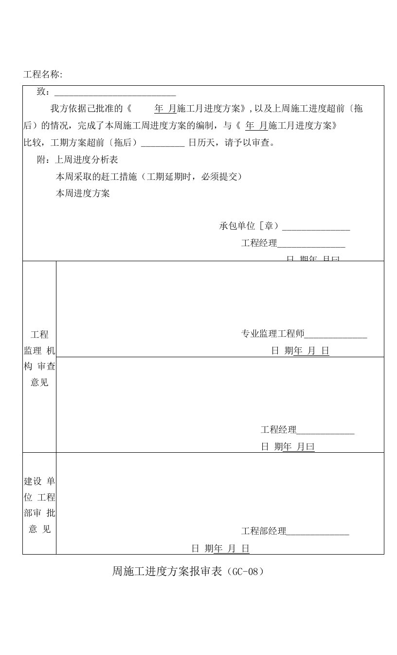 周施工进度方案报审表