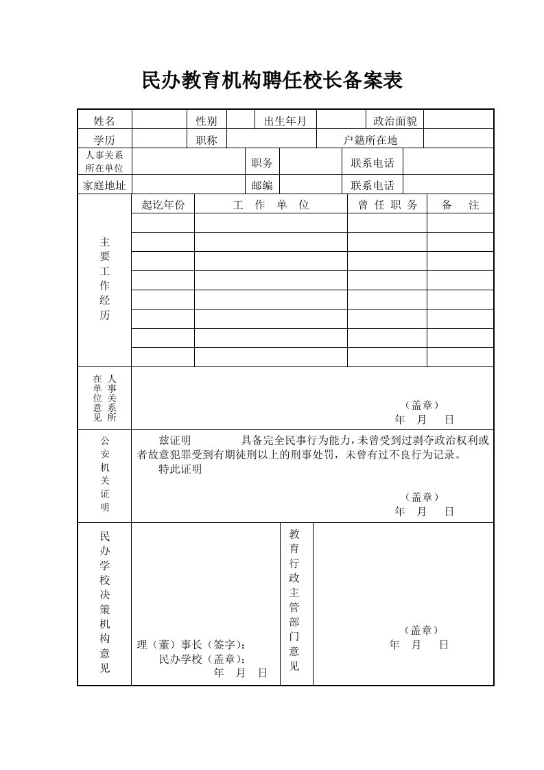 民办教育机构聘任校长备案表