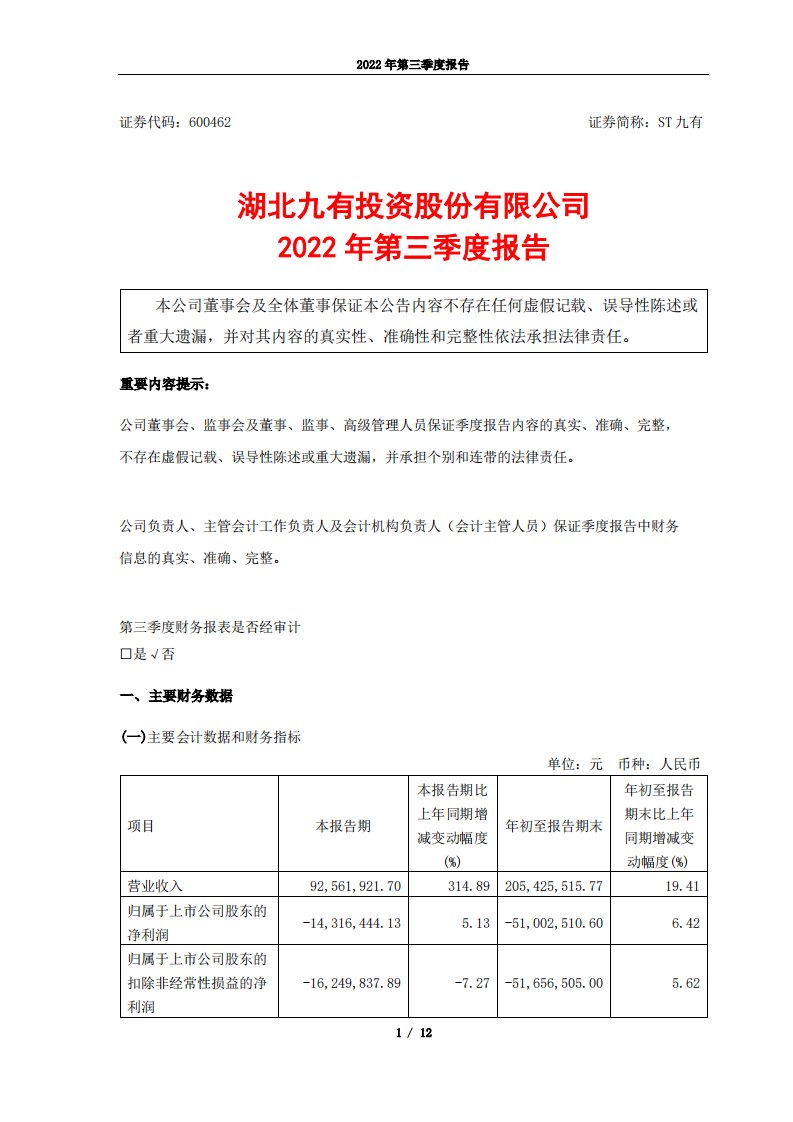 上交所-湖北九有投资股份有限公司2022年第三季度报告-20221028