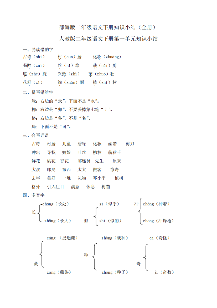 部编人教版二年级语文下册知识点总结(全册)