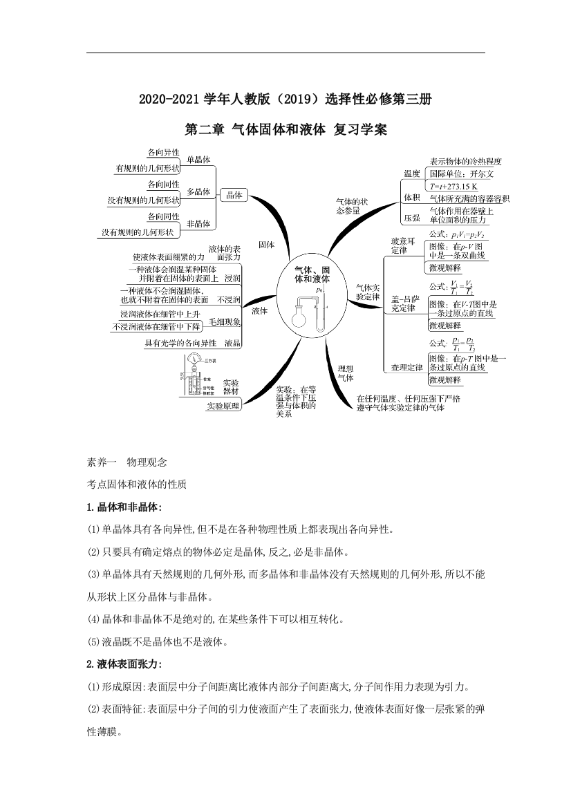 2020-2021学年人教版2019选择性必修第三册-第二章-气体固体和液体-复习学案