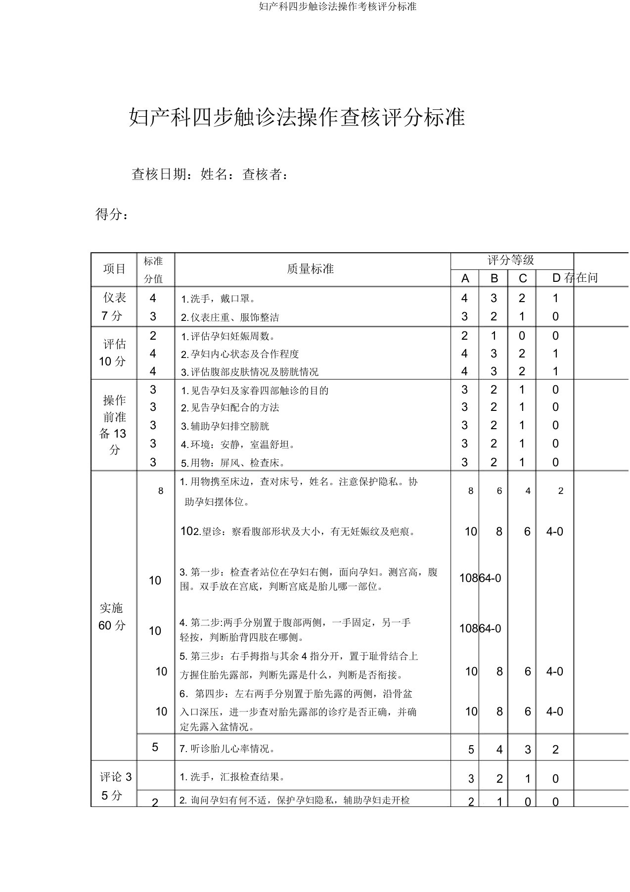 妇产科四步触诊法操作考核评分标准