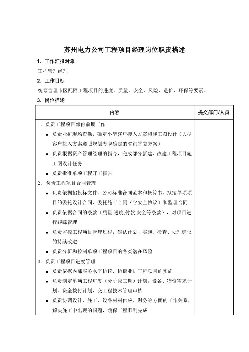 电力行业-苏州电力公司工程项目经理岗位职责描述