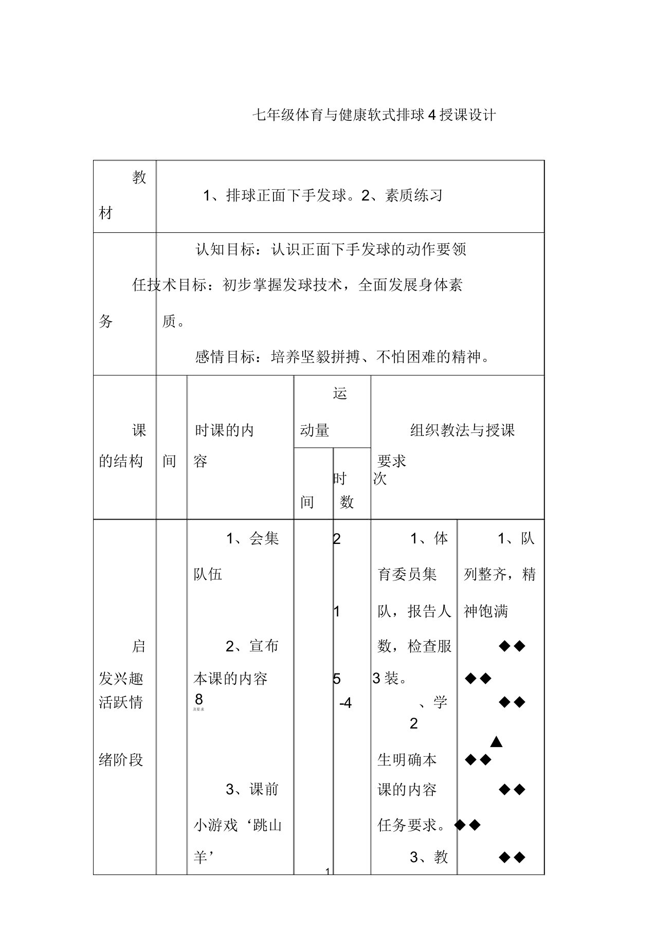 七年级体育与健康软式排球4教案