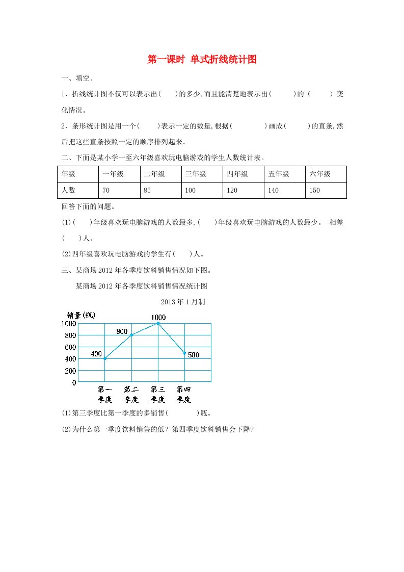 五年级数学下册第七单元折线统计图7.1单式折线统计图课时练冀教版