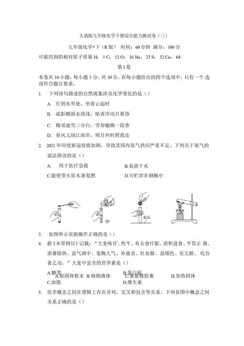 人教版九年级化学下册综合能力测试卷(三)附答案