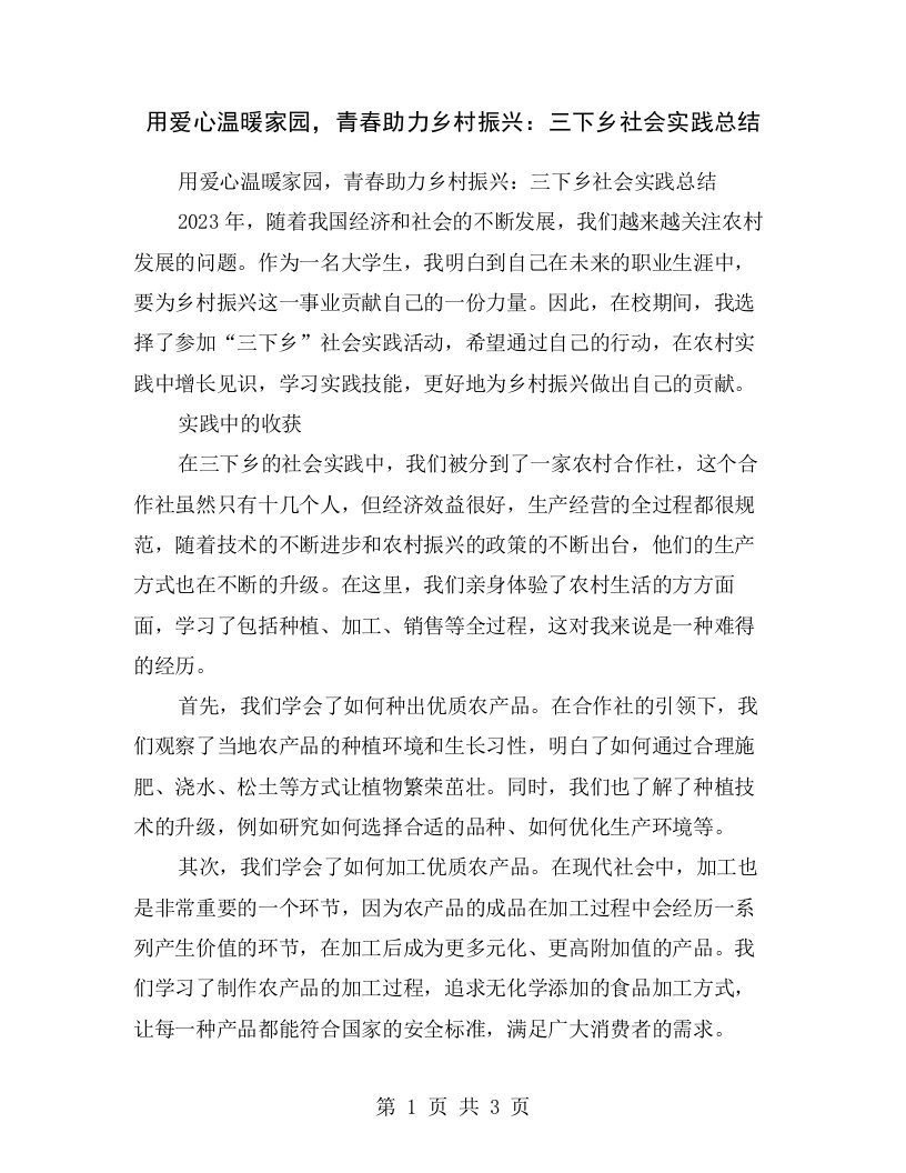 用爱心温暖家园，青春助力乡村振兴：三下乡社会实践总结