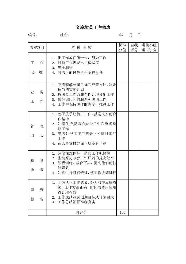 公司员工考核表细则及方法