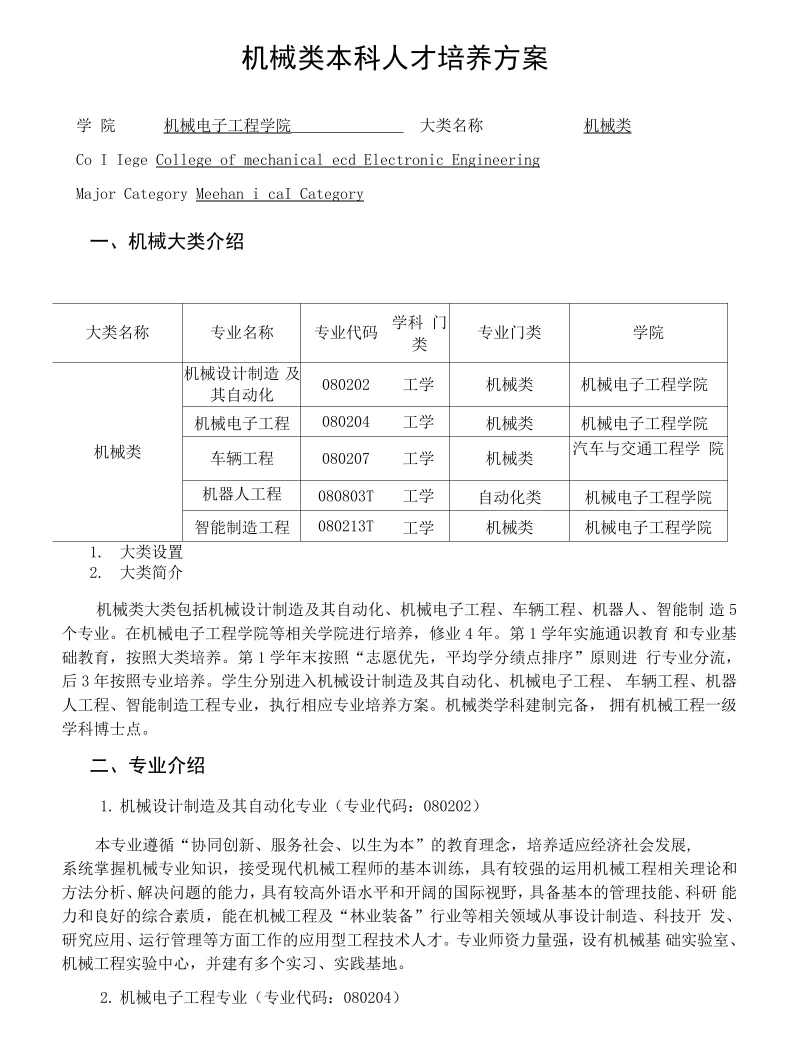 机械电子工程专业本科人才培养方案