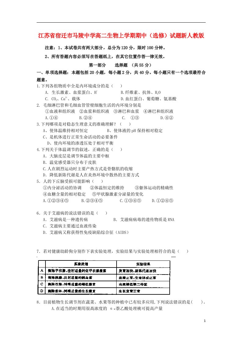 江苏省宿迁市马陵中学高二生物上学期期中（选修）试题新人教版