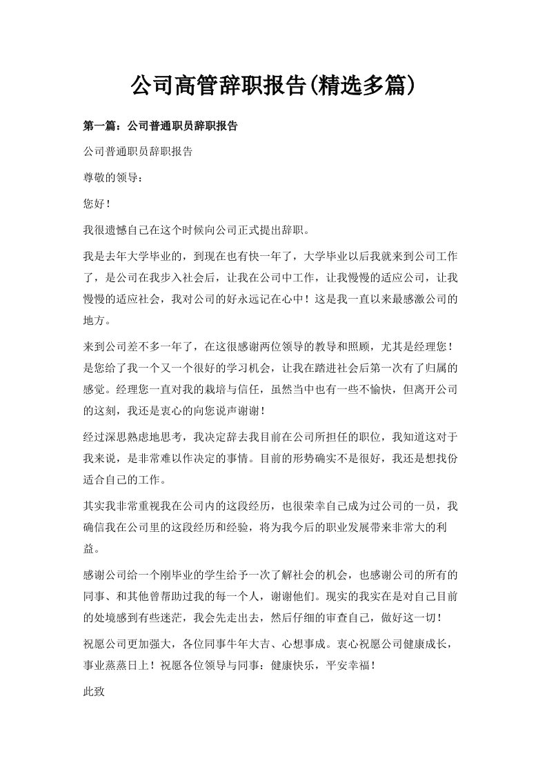 公司高管辞职报告精选多篇