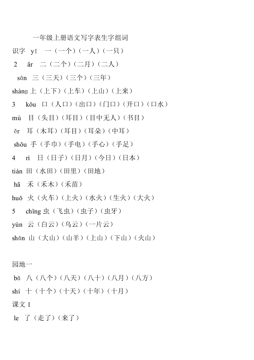 【小学精品】一年级上册语文写字表生字组词