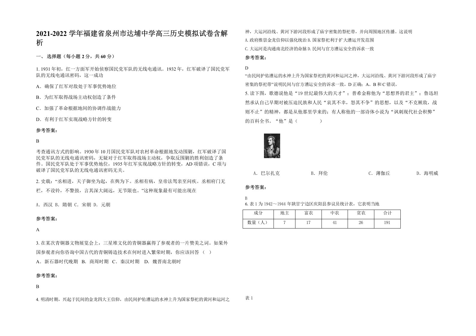 2021-2022学年福建省泉州市达埔中学高三历史模拟试卷含解析