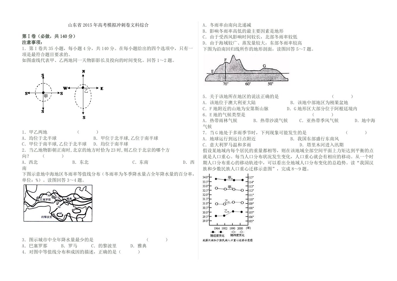 山东省2015年高考模拟文综冲刺卷