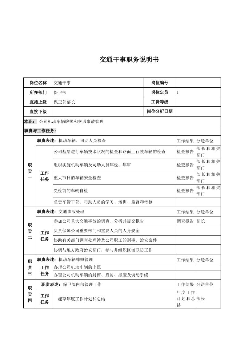 保卫部交通干事岗位职责