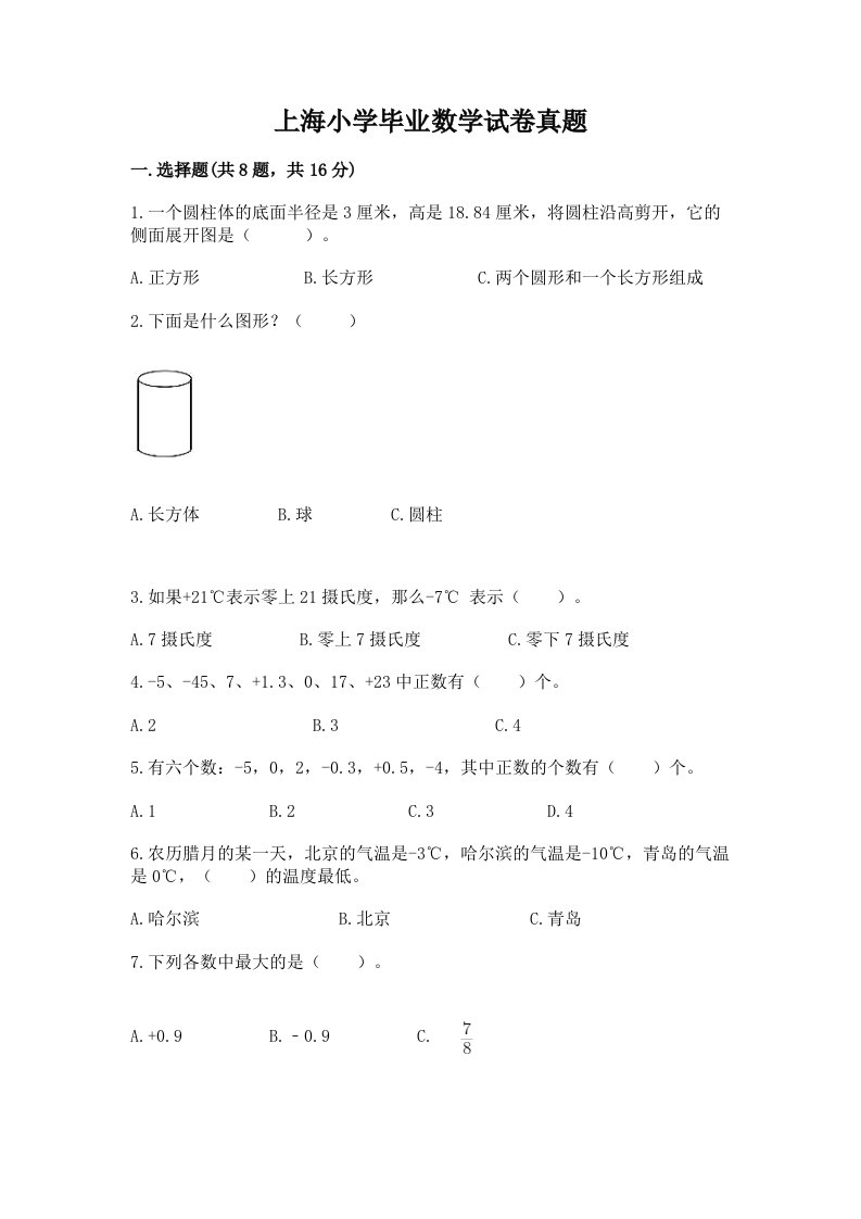 上海小学毕业数学试卷真题免费下载答案