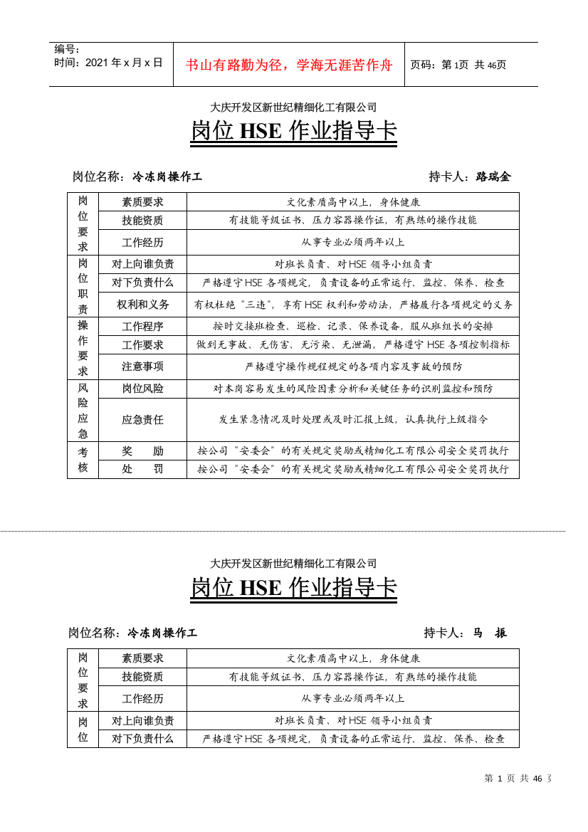 XX开发区新世纪精细化工有限公司岗位HSE作业指导卡（DCO