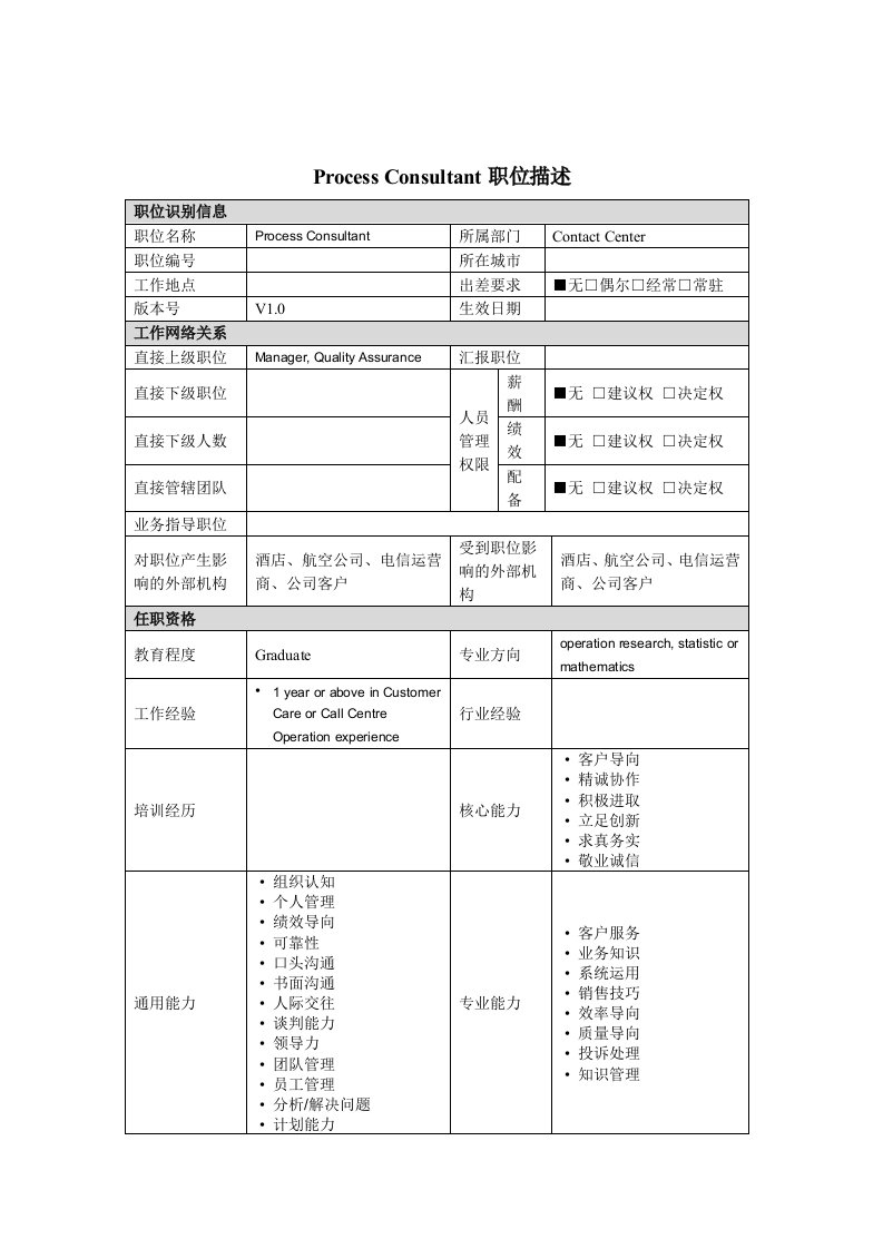 ProcessConsultant岗位说明书