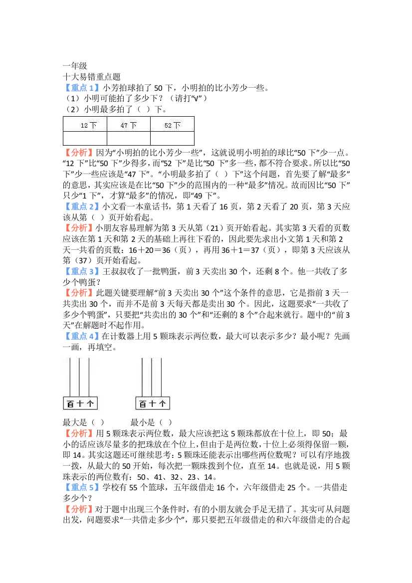 小学数学1-6年级易错重点题解题思路汇总附答案