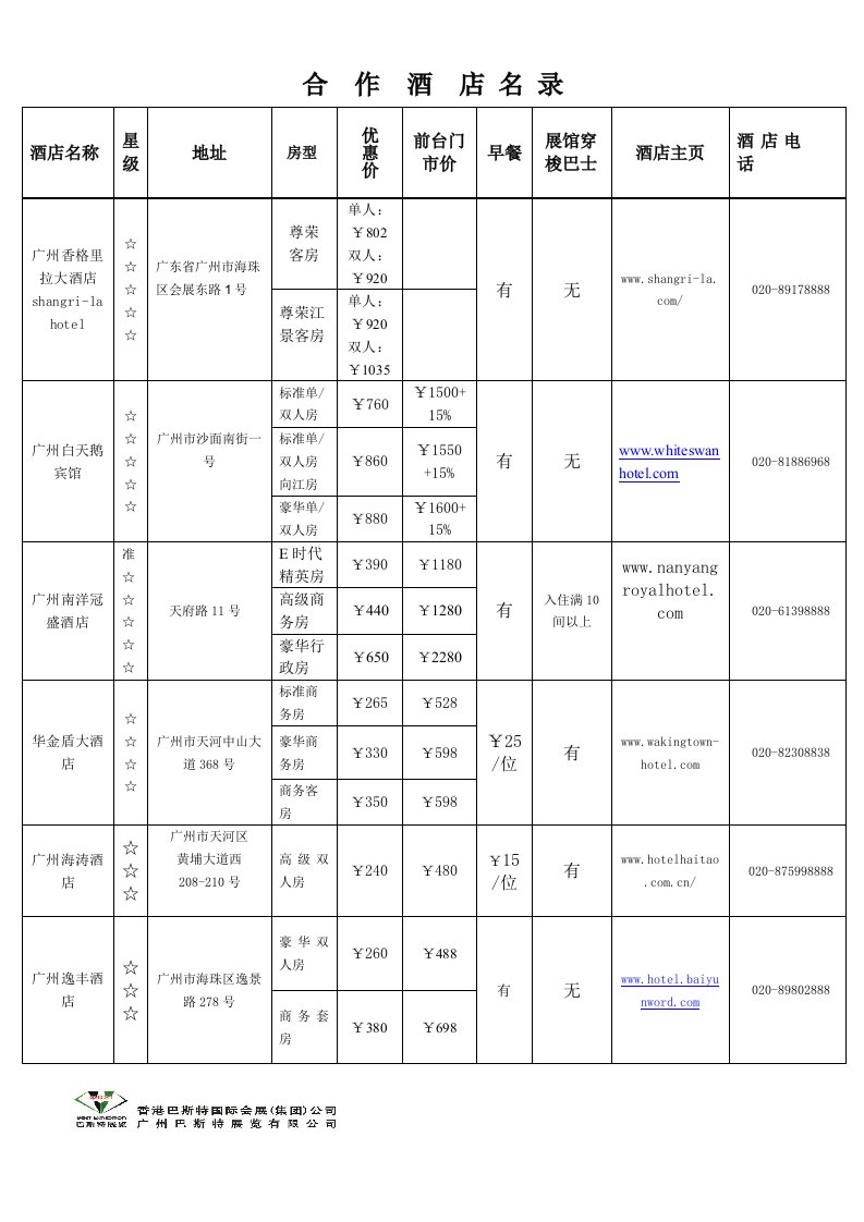 合作酒店名录